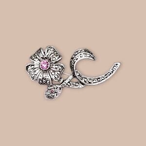 Pink Floral Brooch Rhinestones Marcasite Style Silver Tone AAI - Vintage Romance